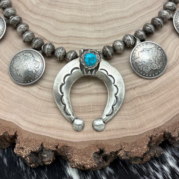 1970s Native American NAVAJO Silver Turquoise Naja Necklace Morgan Dollar Coins - Picture 2 of 8
